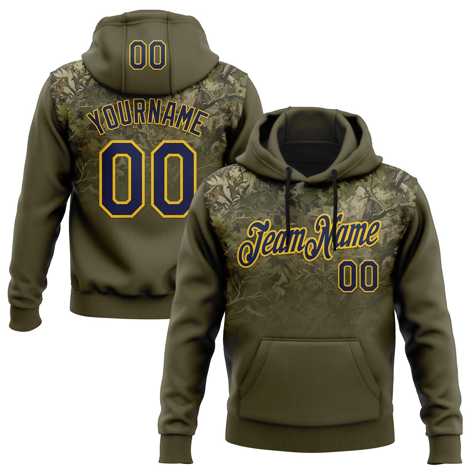 FansIdea Custom Stitched Olive Navy-Yellow 3D Pattern Design Tree Camo Gradient Hunting Sports Pullover Sweatshirt Salute To Service Hoodie - $32.99 at Proof Eyewear