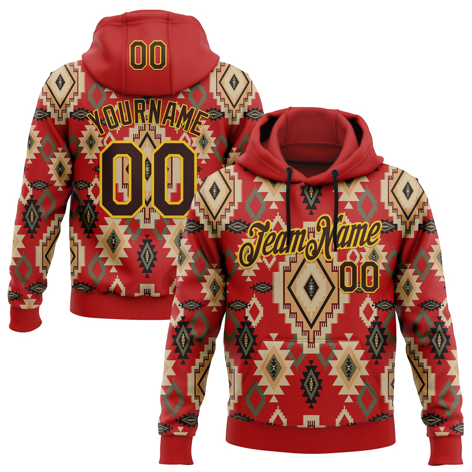 FansIdea Custom Stitched Red Brown-Yellow 3D Pattern Design Tribal Ethnic Native American Sports Pullover Sweatshirt Hoodie - $32.99 at Proof Eyewear
