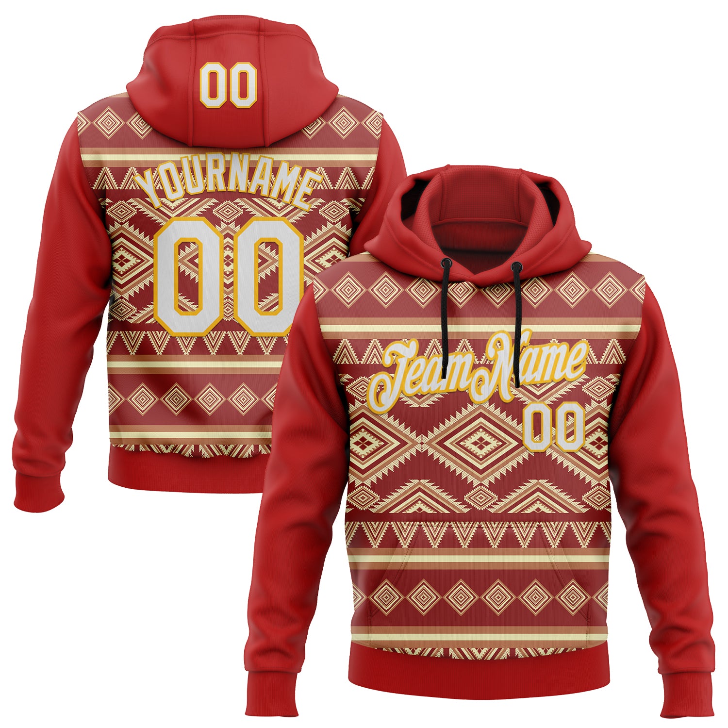 FansIdea Custom Stitched Red White-Yellow 3D Pattern Design Tribal Ethnic Native American Sports Pullover Sweatshirt Hoodie - $32.99 at Proof Eyewear