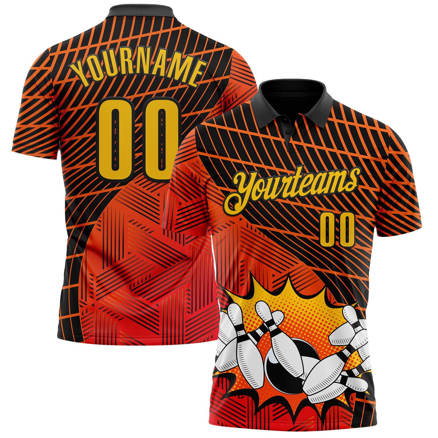 FansIdea Custom Red Yellow-Black Bowling Ball And Pins Strike Performance Polo Shirt - $19.99 at Proof Eyewear