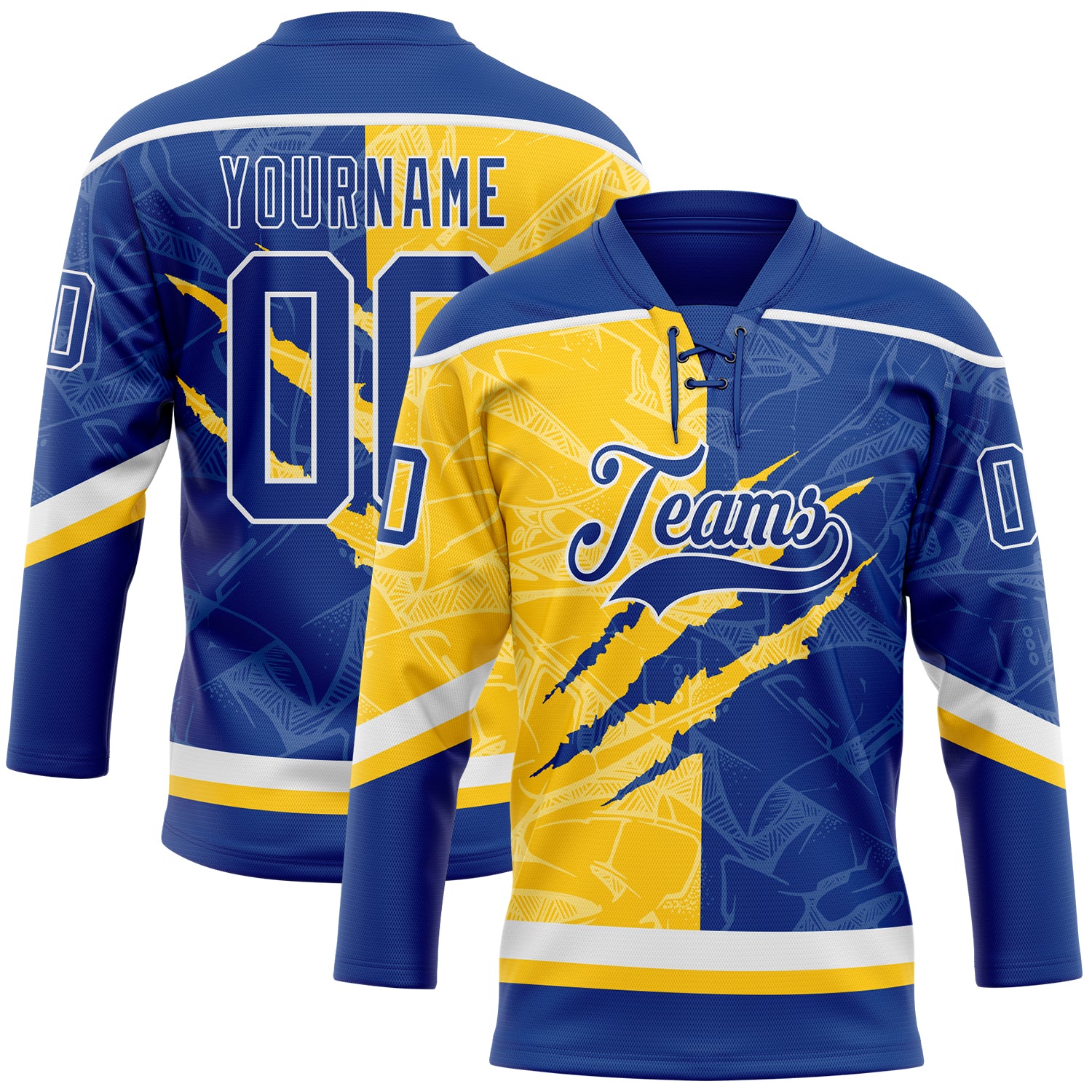 FansIdea Custom Royal Yellow-White 3D Pattern Gradient Fashion Scratch Hockey Lace Neck Jersey - $29.99 at Proof Eyewear