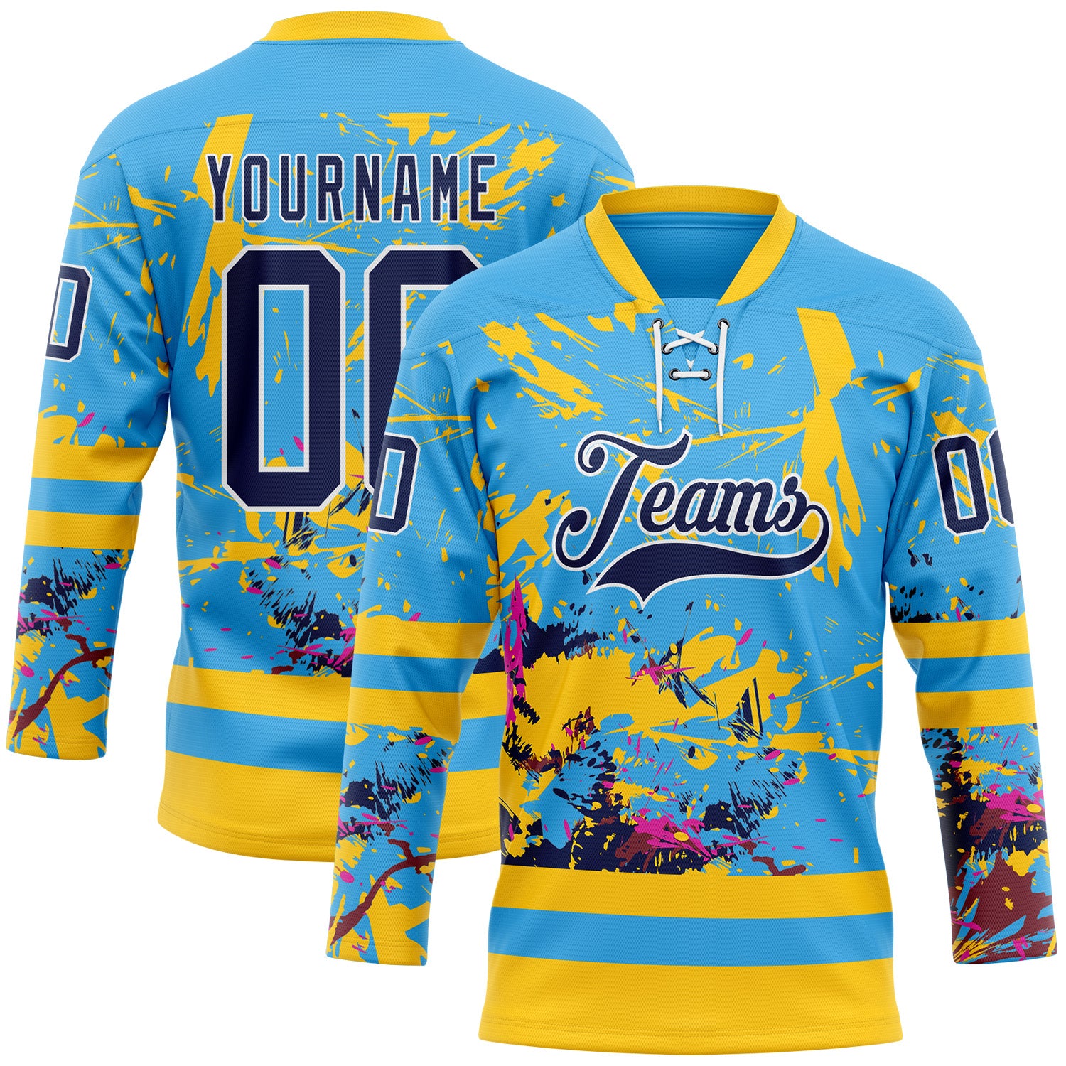 FansIdea Custom Sky Blue Navy Yellow Red-White Abstract Splatter Paint Hockey Lace Neck Jersey - $29.99 at Proof Eyewear