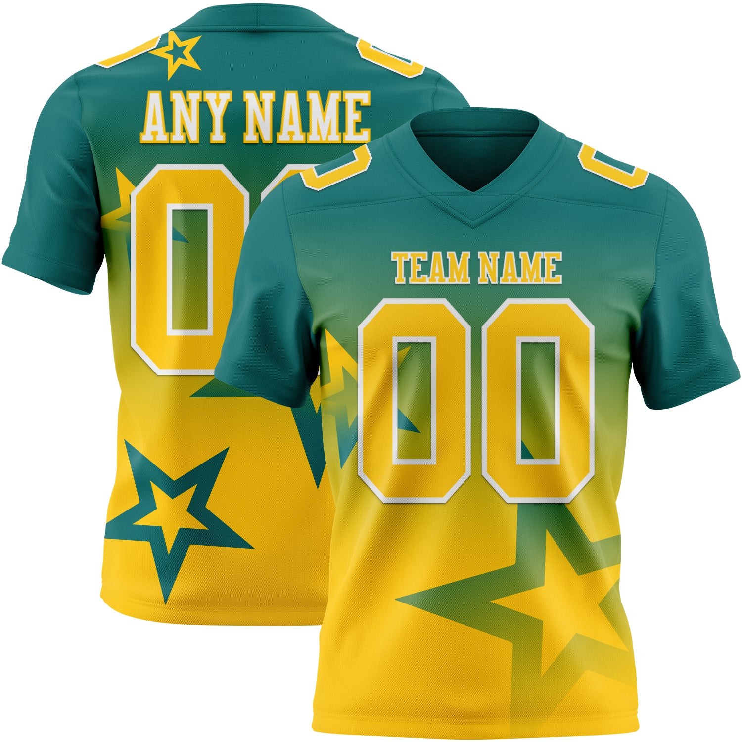 FansIdea Custom Teal Yellow-White Authentic Gradient Style Twinkle Star Football Jersey - $19.99 at Proof Eyewear