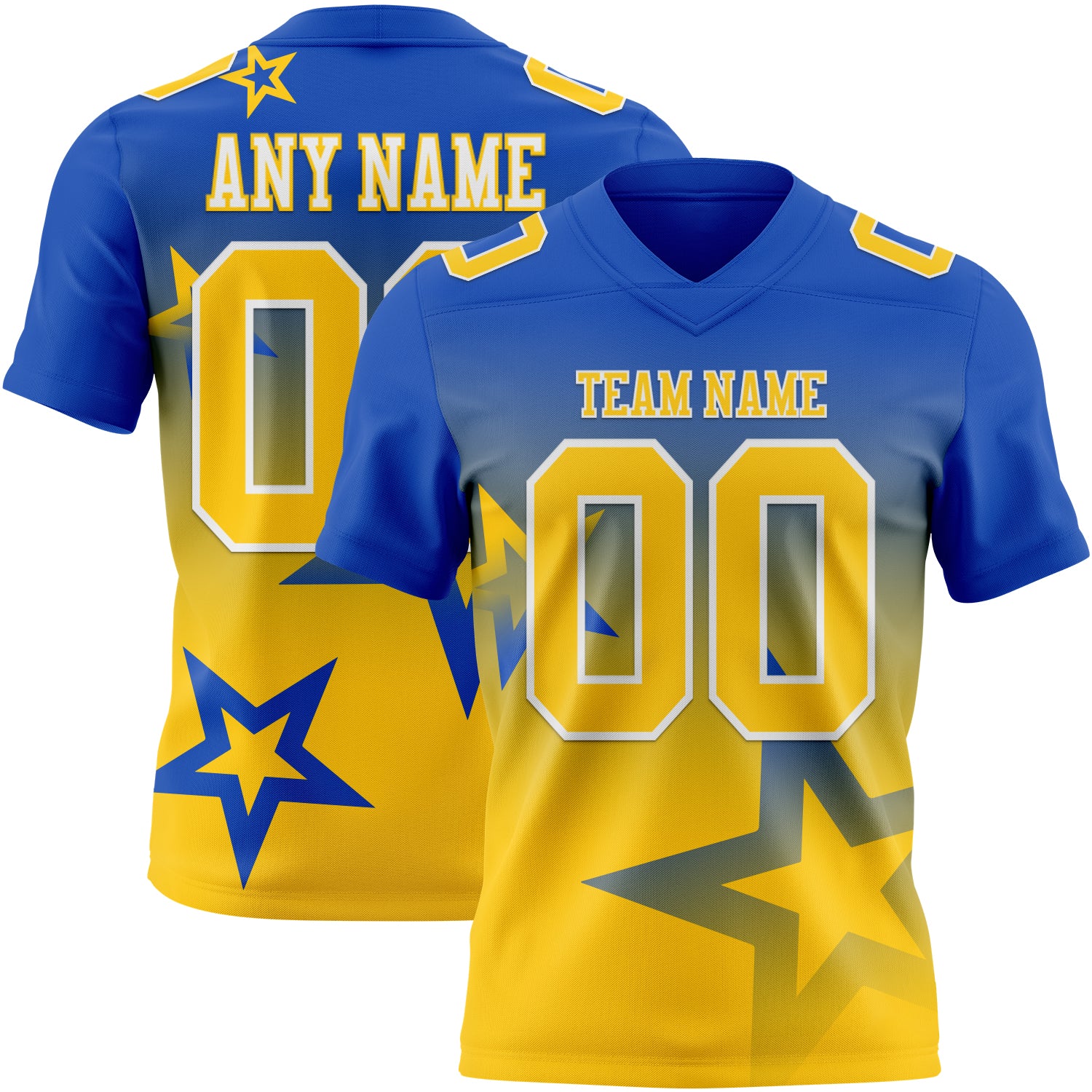 FansIdea Custom Thunder Blue Yellow-White Authentic Gradient Style Twinkle Star Football Jersey - $19.99 at Proof Eyewear