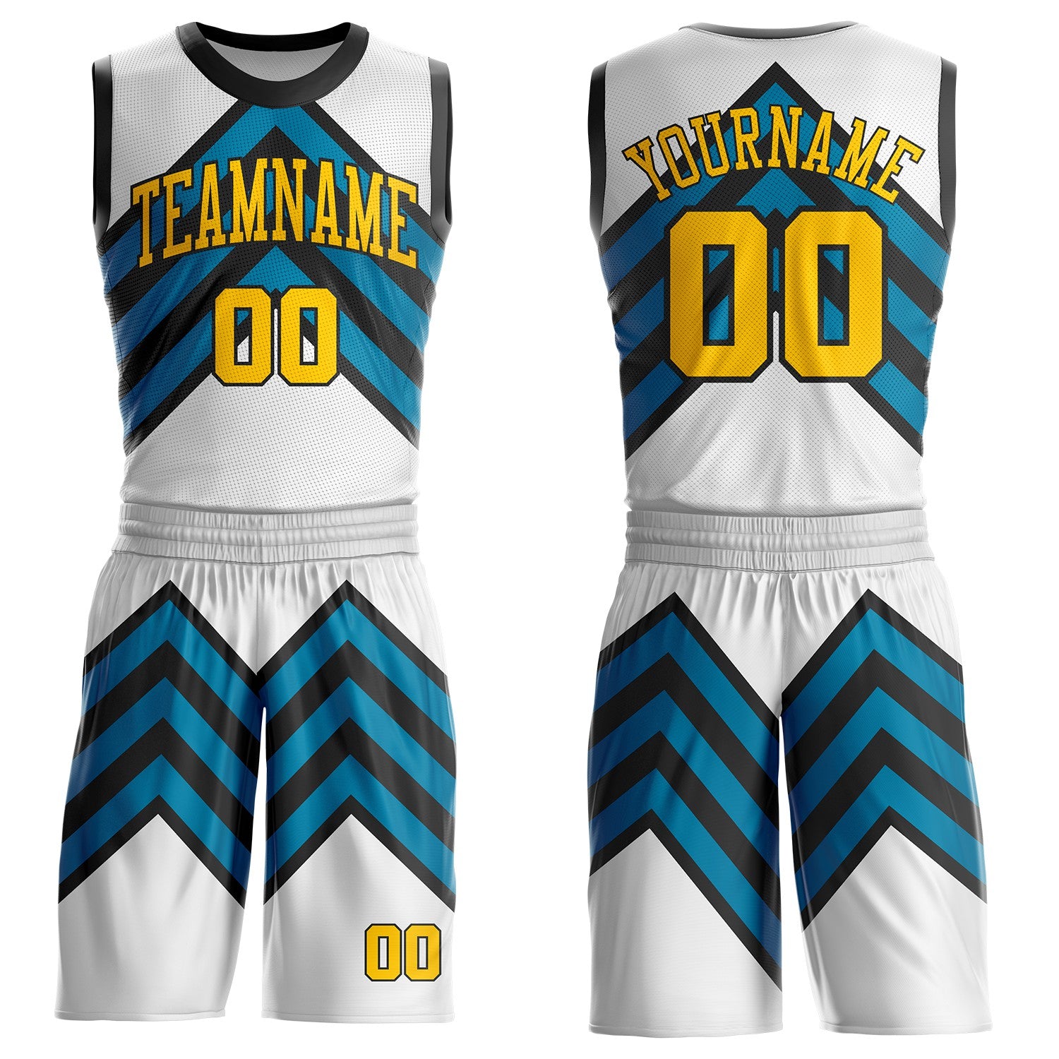 FansIdea Custom White Yellow Blue-Black Abstract Arrow Round Neck Sublimation Basketball Uniform Jersey - $25.99 at Proof Eyewear