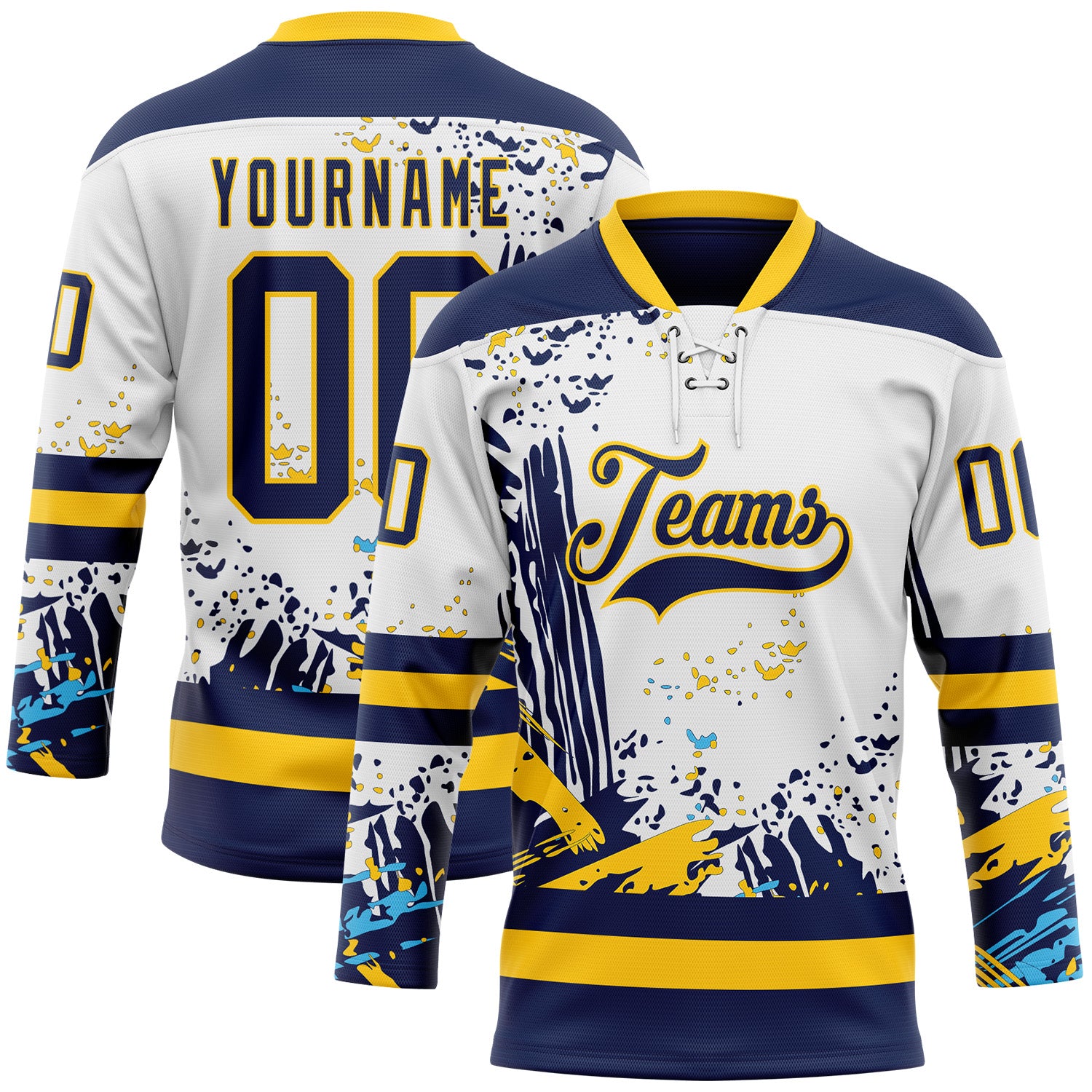 FansIdea Custom White Navy-Yellow Abstract Splatter Paint Hockey Lace Neck Jersey - $29.99 at Proof Eyewear