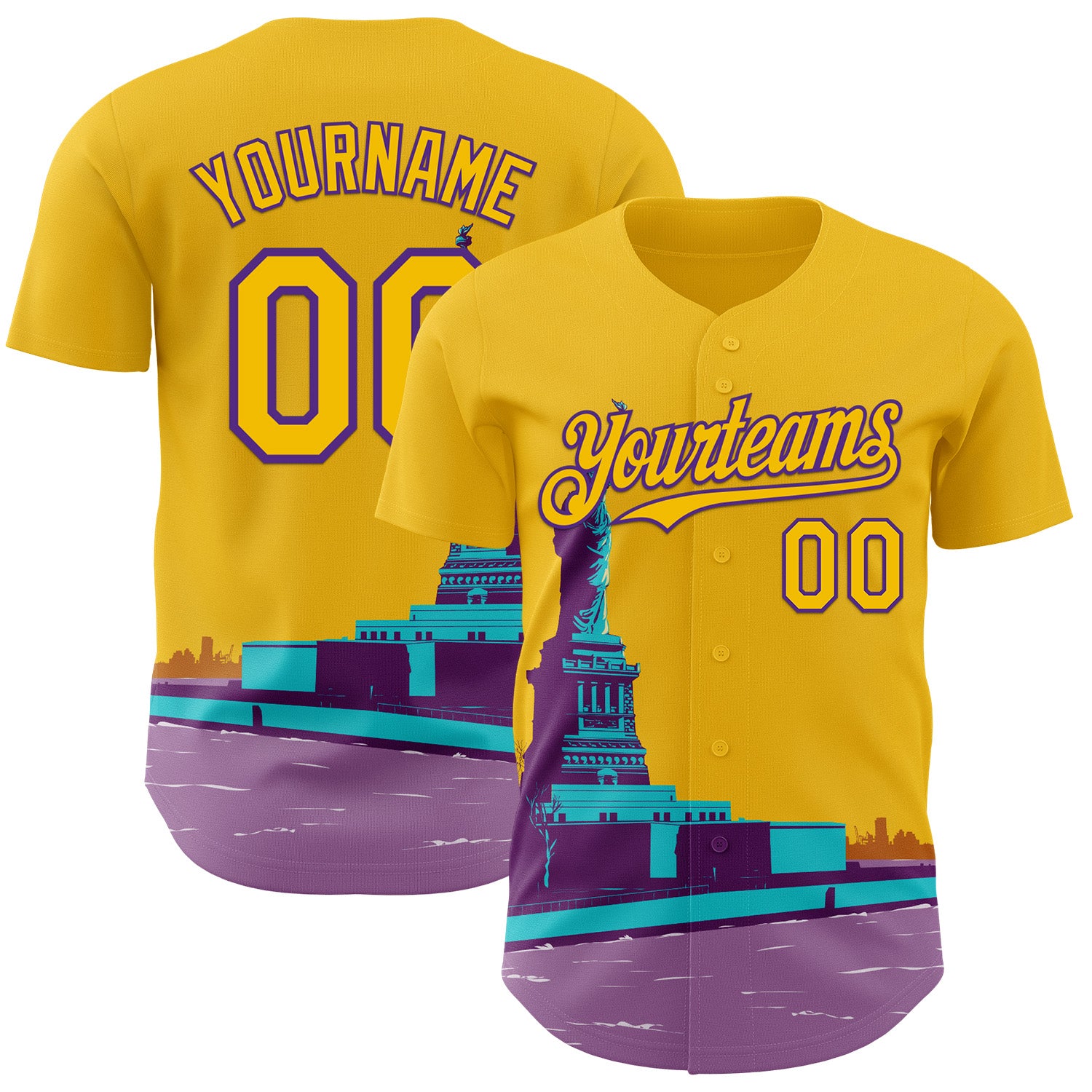 Fansidea-artist-collabs Custom Yellow-Purple Aloysius Patrimonio Statue Of Liberty National Monument Ny Usa WPA Authentic Baseball Jersey - $34.99 at Proof Eyewear