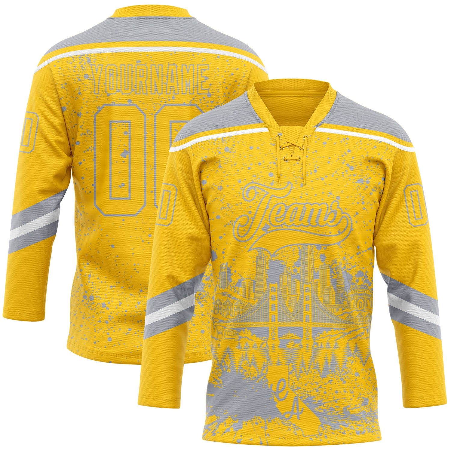 FansIdea Custom Yellow Gray-White San Francisco CA City Skyline State Pride Paint Splatter Lace Neck Hockey Jersey - $29.99 at Proof Eyewear