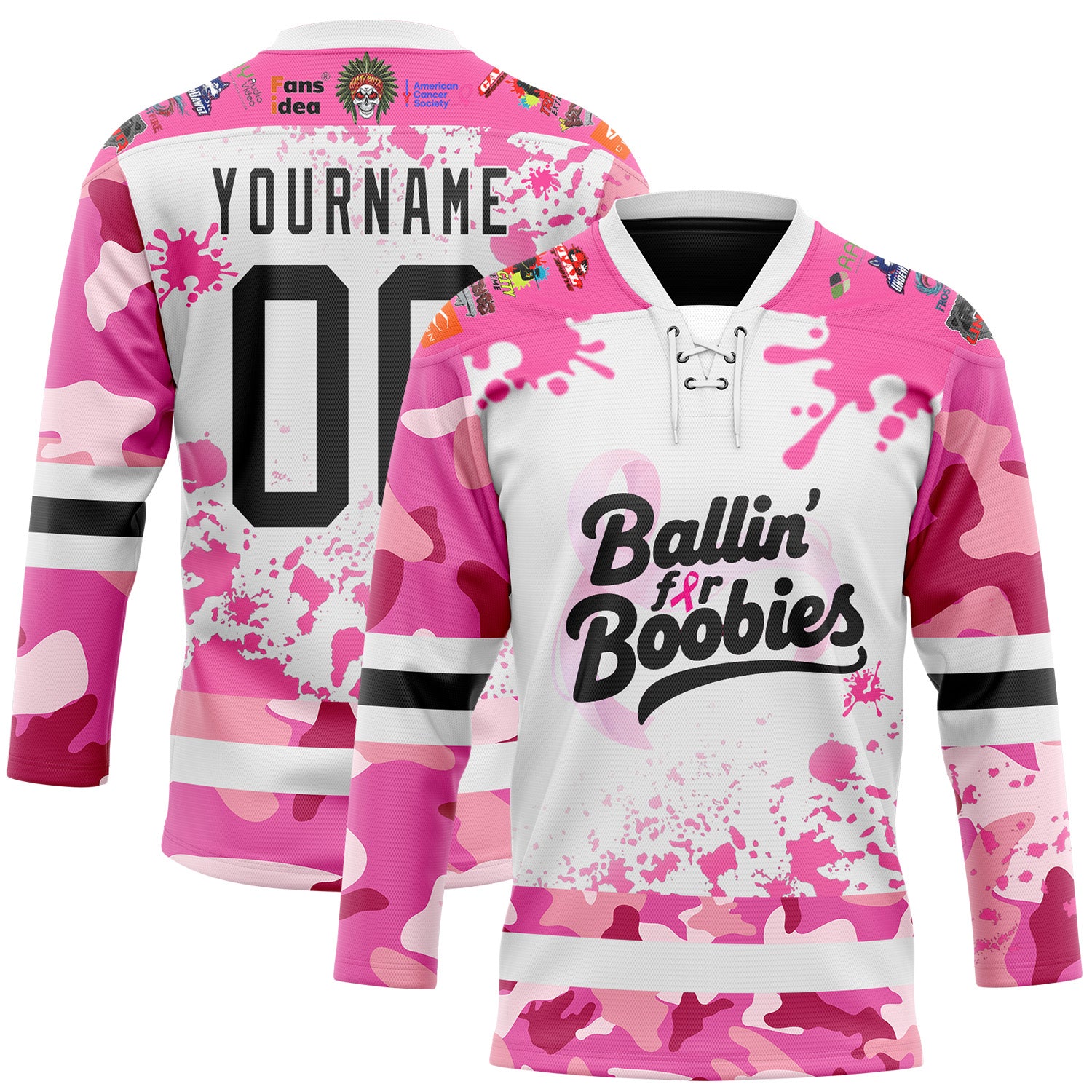 Fansidea-group-collabs Custom Camo Black Pink-White Nasty Boyz Paintball Breast Cancer Hockey Lace Neck Jersey - $53.78 at Proof Eyewear