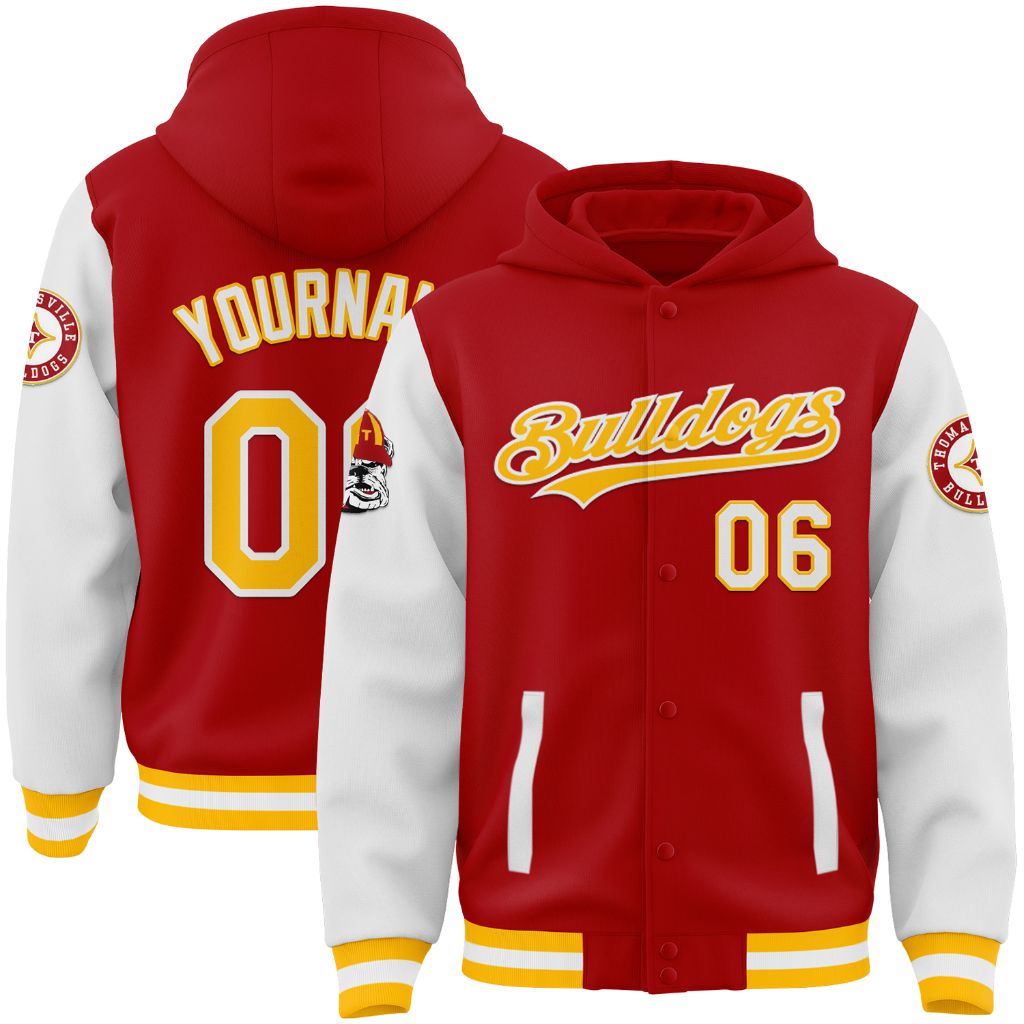 Fansidea-group-collabs Custom Red Gold-White Bulldogs Bomber Full-Snap Varsity Letterman Two Tone Hoodie Jacket - $75.94 at Proof Eyewear