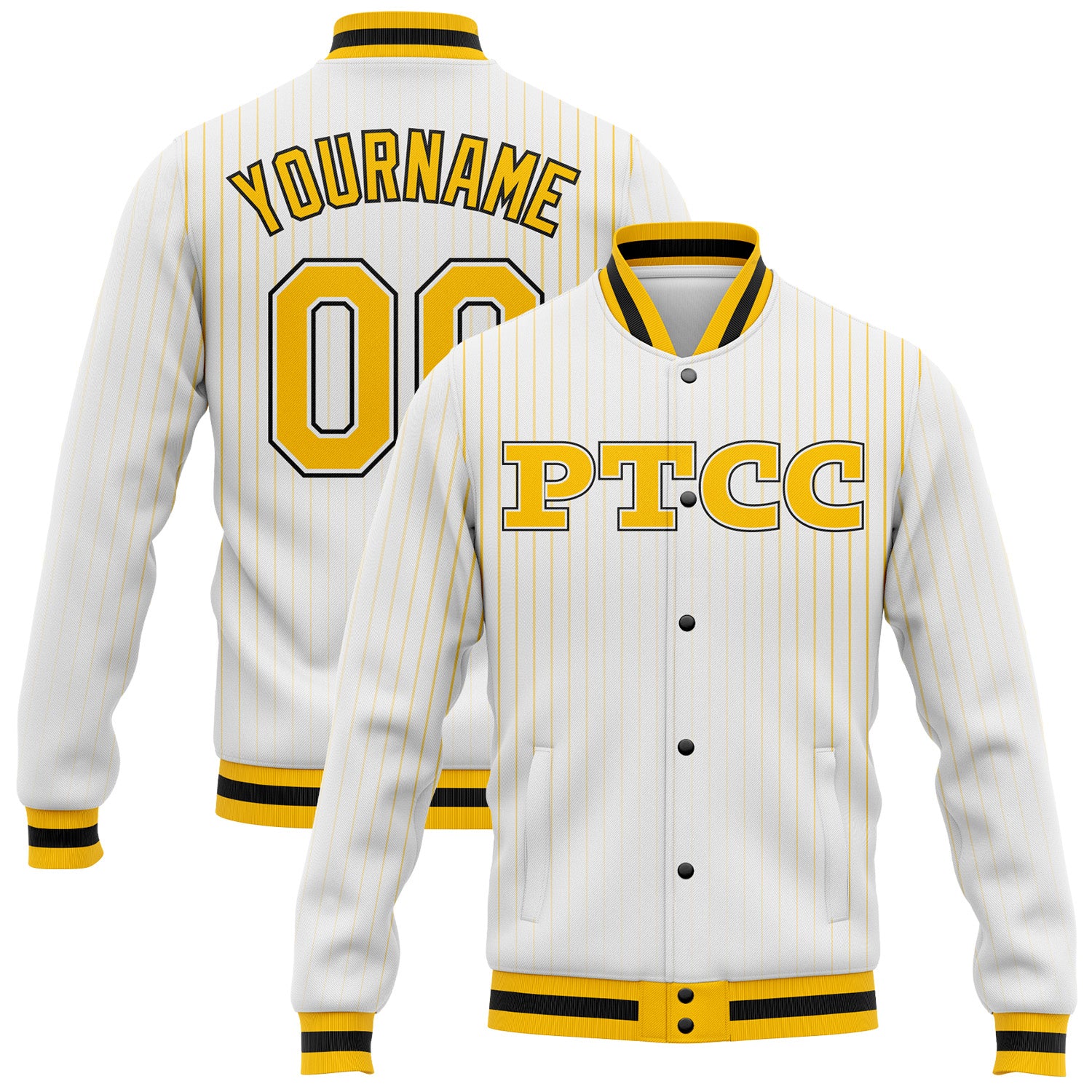 Fansidea-group-collabs Custom White Pinstripe Gold-Black PTCC Bomber Full-Snap Varsity Letterman Jacket - $43.99 at Proof Eyewear