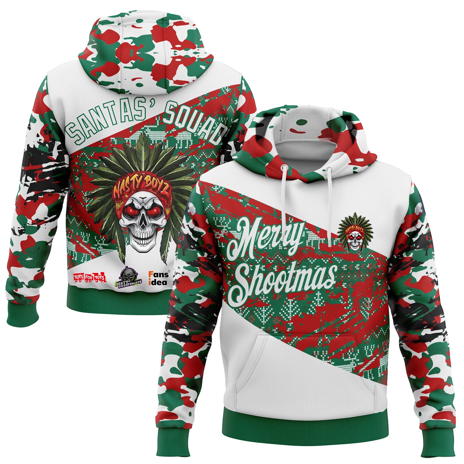 Fansidea-group-collabs Custom White Red-Kelly Green Nasty Boyz Paintball Christmas Sports Pullover Sweatshirt Hoodie - $52.72 at Proof Eyewear