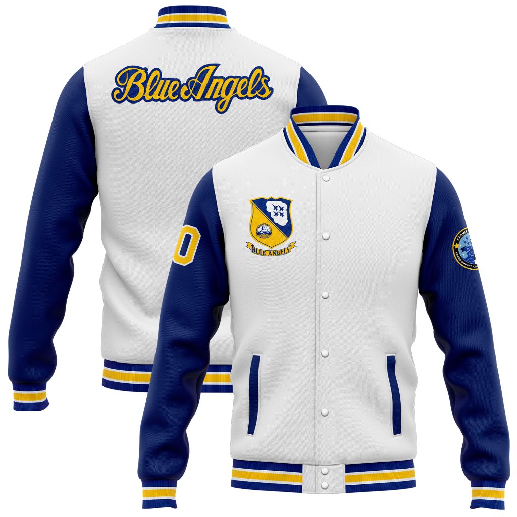 Fansidea-group-collabs Custom White Royal-Yellow Blue Angels Bomber Full-Snap Varsity Letterman Two Tone Jacket - $56.95 at Proof Eyewear
