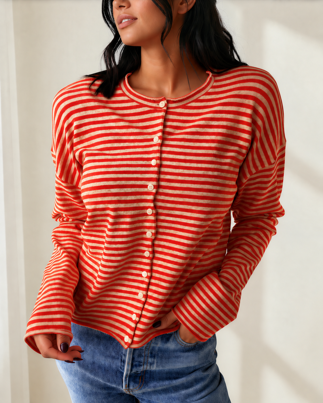 Indie & Co. Amelia Red Stripe Cardigan | Collared Button Knit - $52.00 at West Path 