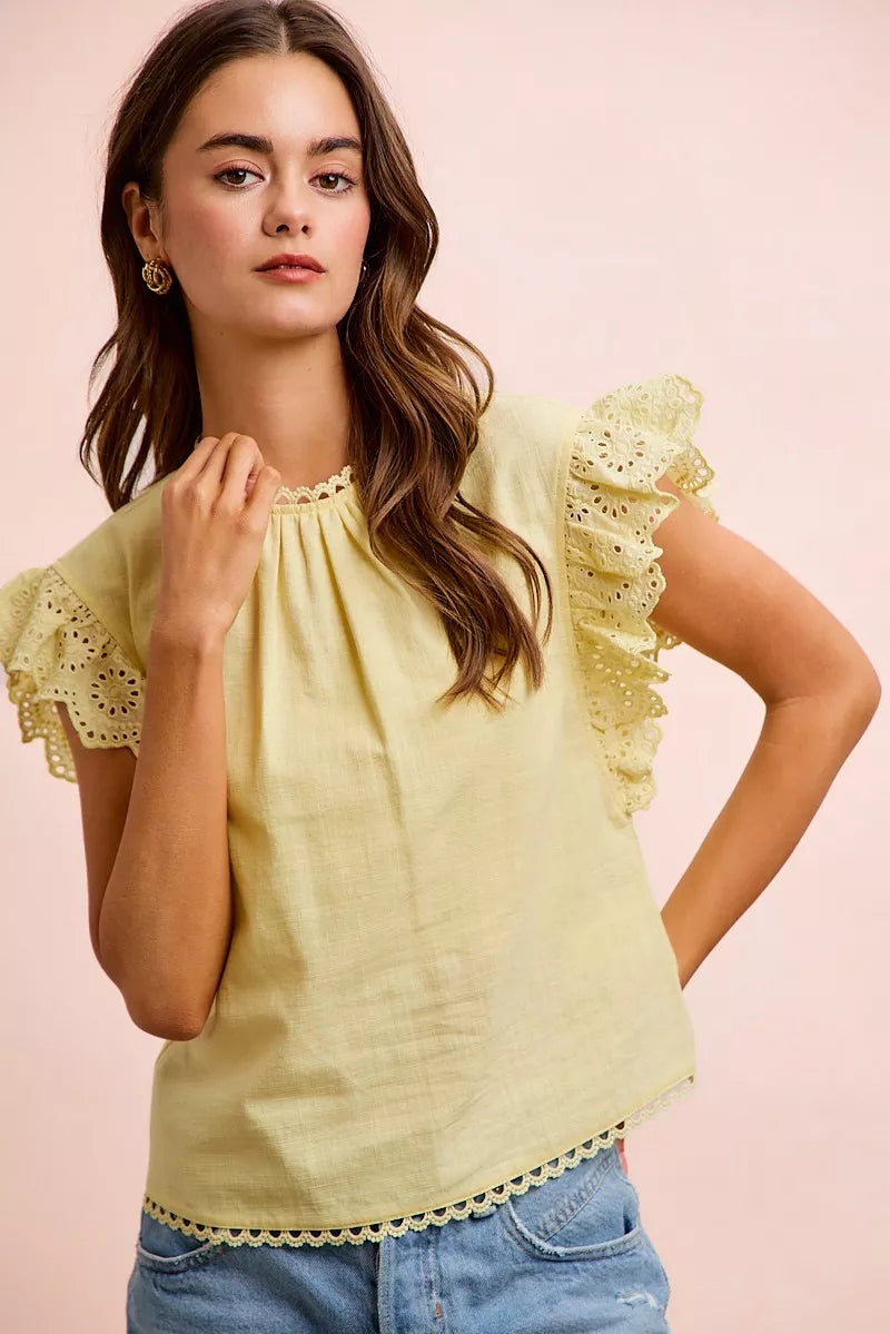 MPL BiBi Cotton Solid Ruffle Sleeve Lace Detail Blouse Top - $48.00 at West Path 