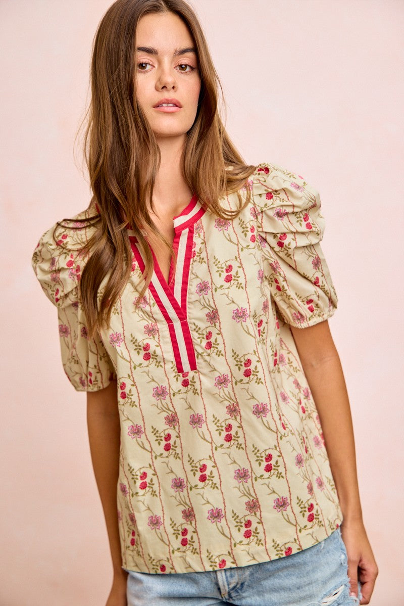 MPL BiBi Floral Gather Sleeves Contrast Neckband Blouse Top - $55.00 at West Path 
