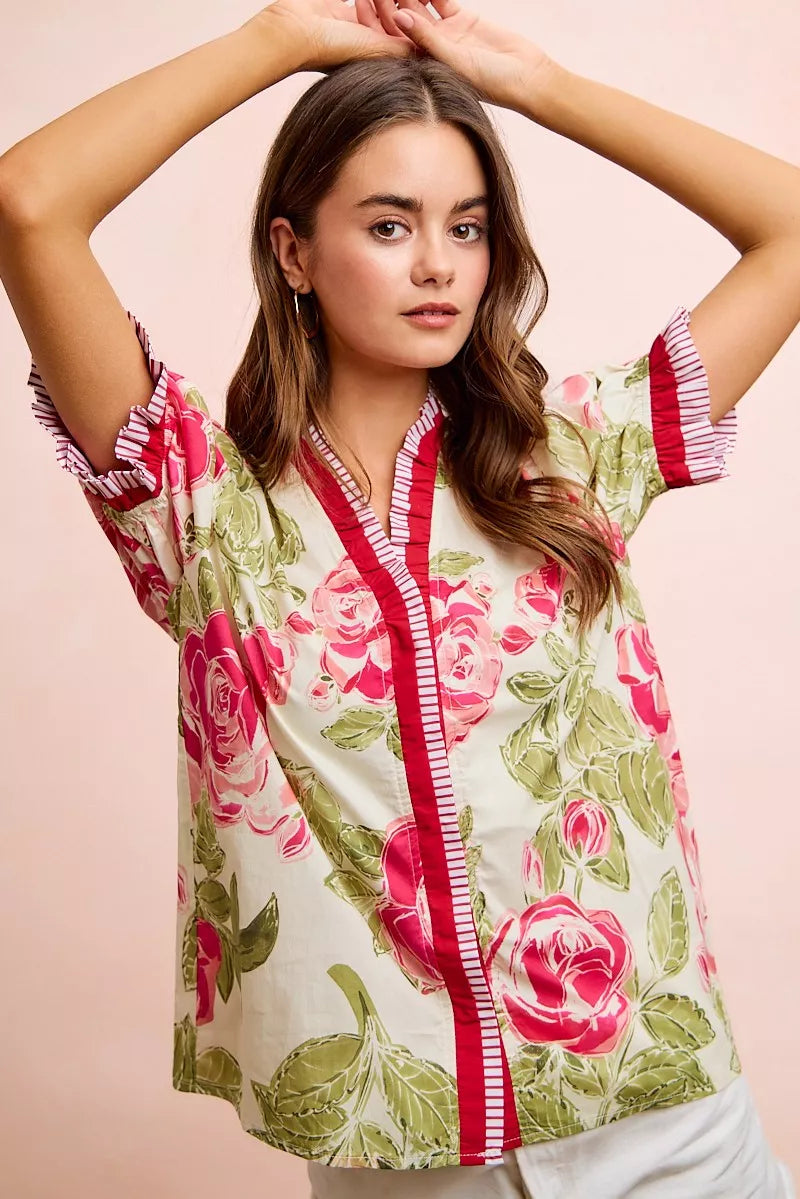 MPL BiBi Floral Printed Woven Contrast Edge Ruffled Blouse - $54.00 at West Path 