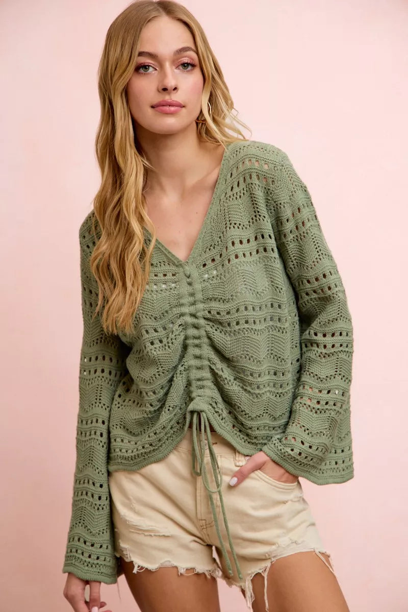 MPL BiBi Pointelle Knit V Neck Ruched Front Lightweight Top - $47.00 at West Path 