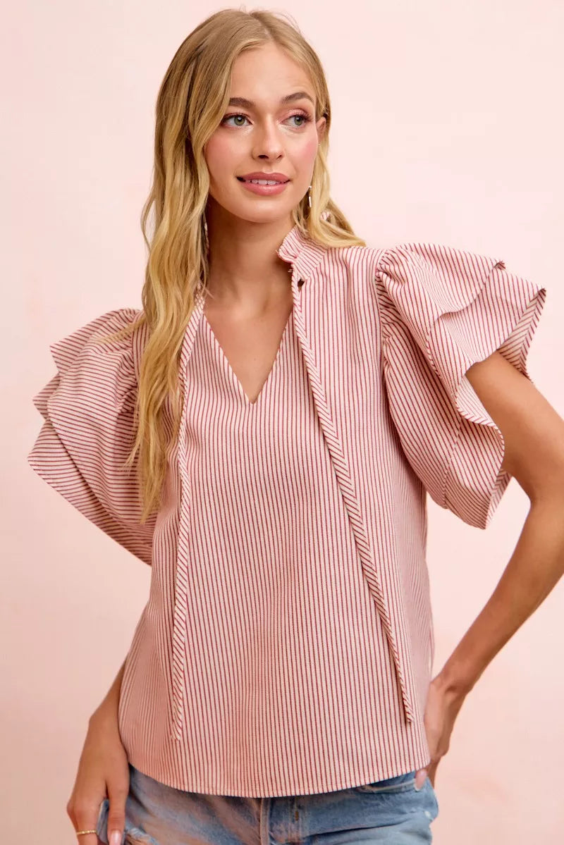 MPL BiBi Twill Striped Ruffle Sleeve Blouse - $57.00 at West Path 