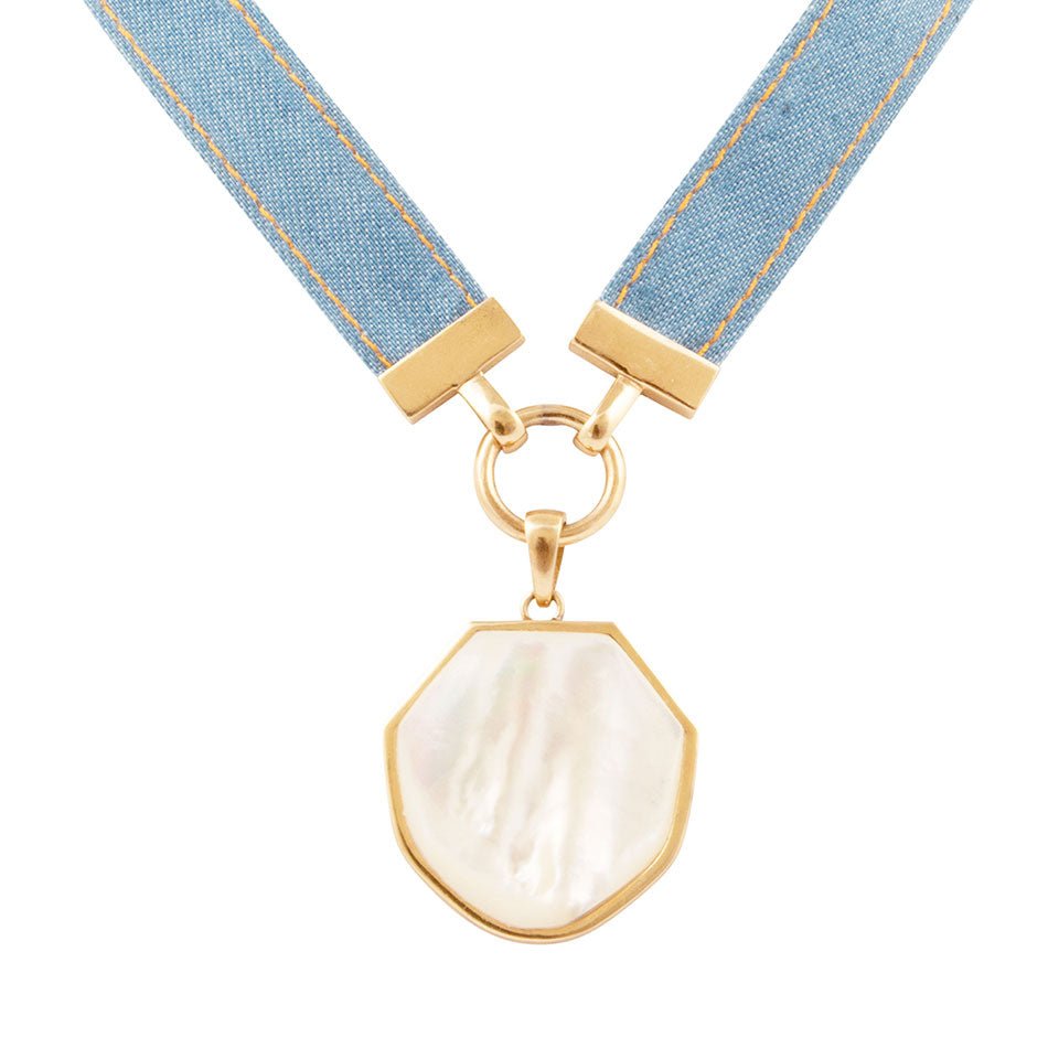 Barse Jewelry Blue Denim Dreams White Mother of Pearl Ribbon Golden Pendant Necklace - $28.00 at West Path 