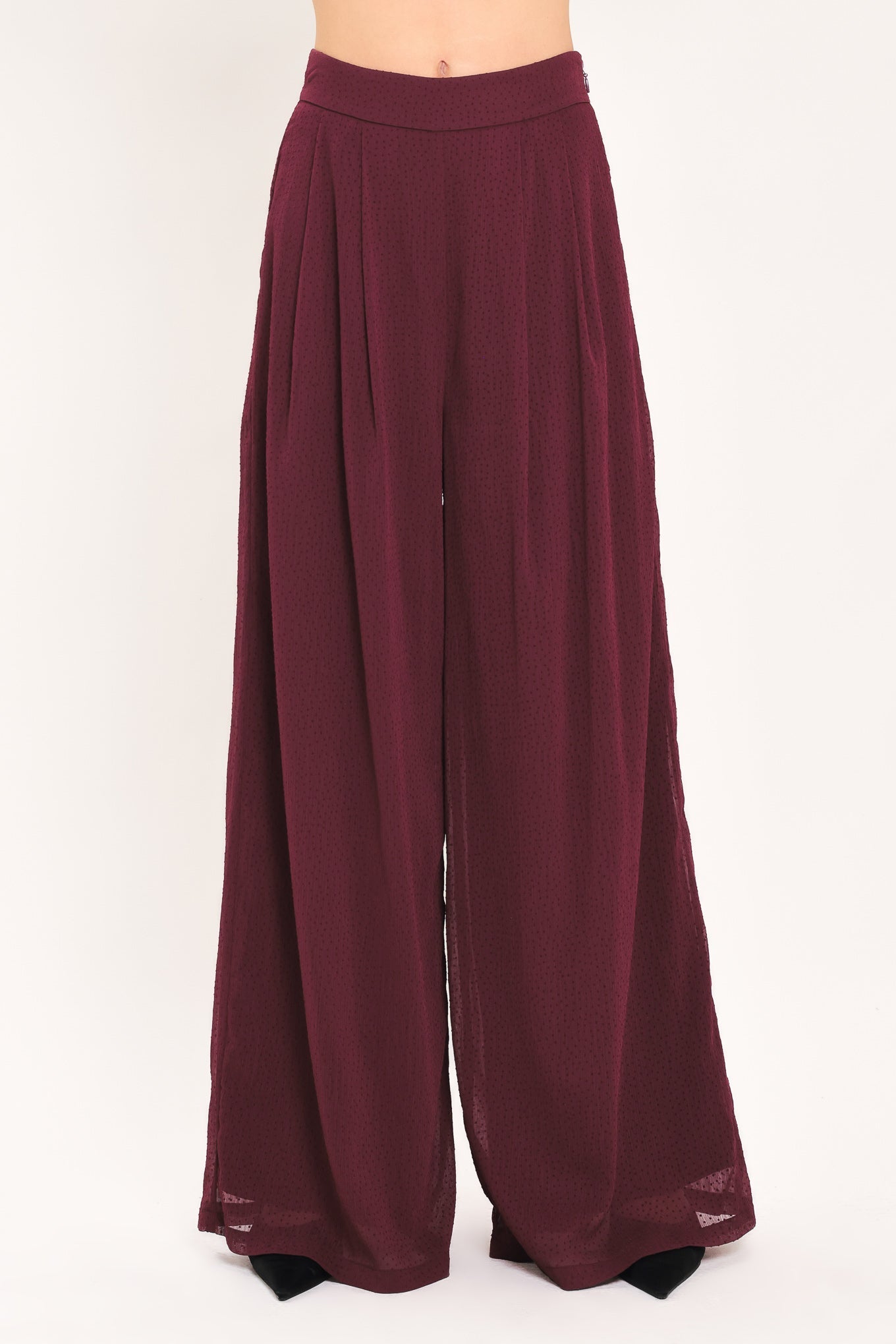 Flying Tomato BORDEAUX SHEER DRAPE WOVEN WIDE LEG PANTS - $76.00 at West Path 