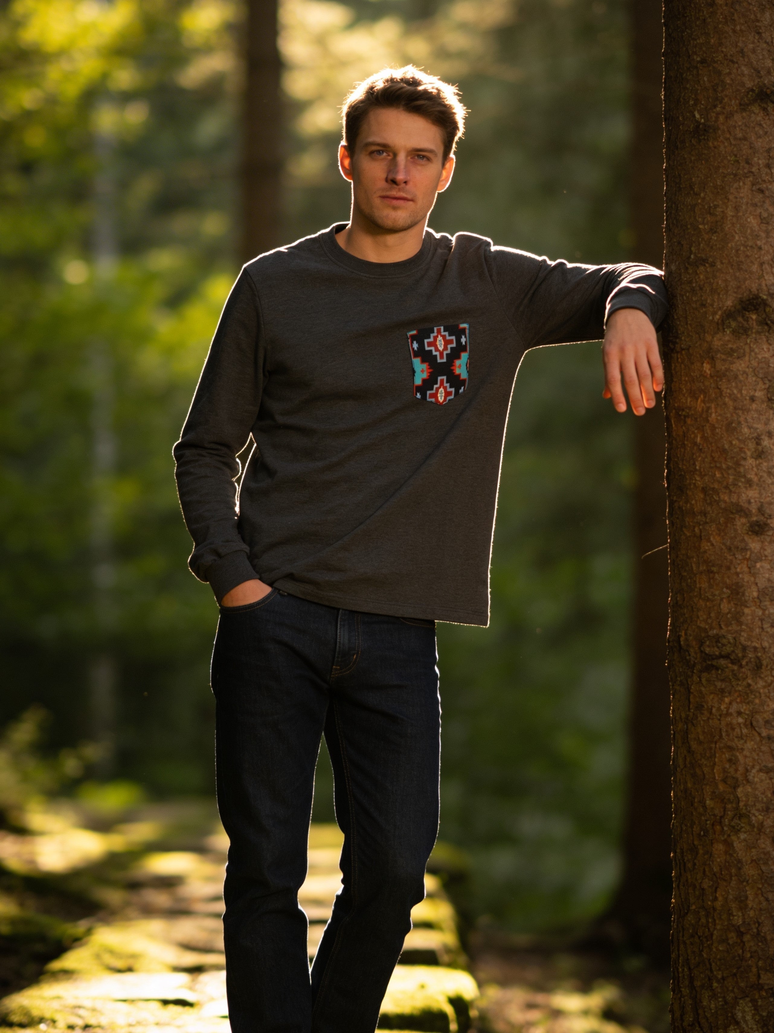 RUDDOCK Gray Heather with Southwest Print - Long Sleeve - Pocket T-shirt - Made in USA - $34.95 at West Path 