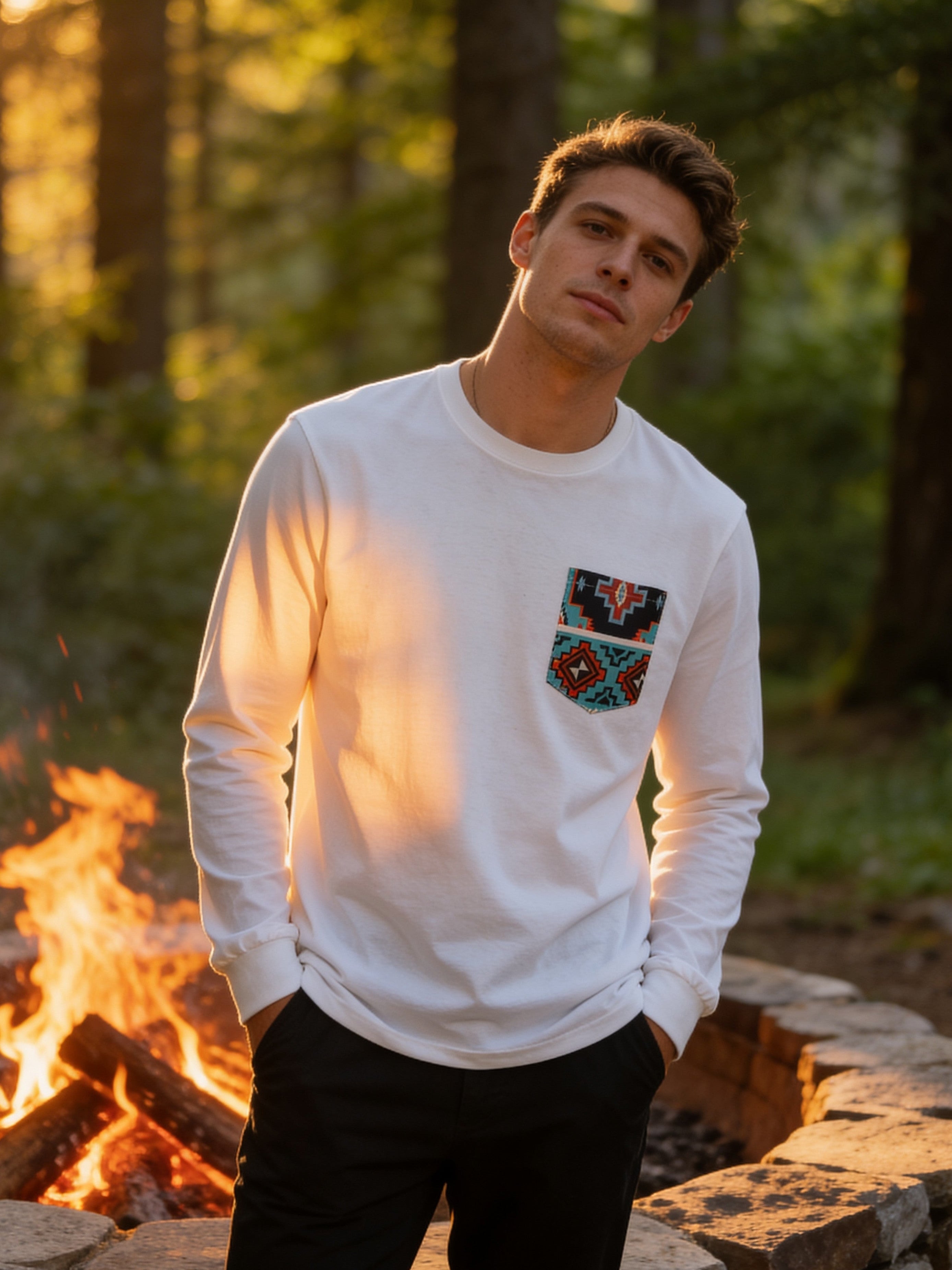 RUDDOCK Southwest Print - Long Sleeve -White Pocket T-shirt - Made in USA - $34.95 at West Path 