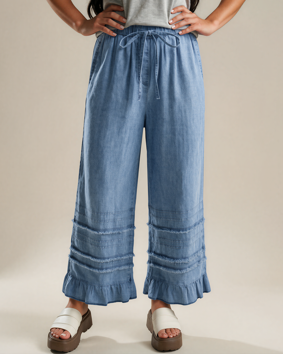 Indie & Co. Frankie Ruffled Hem Wide Leg Chambray Pants - $82.00 at West Path 