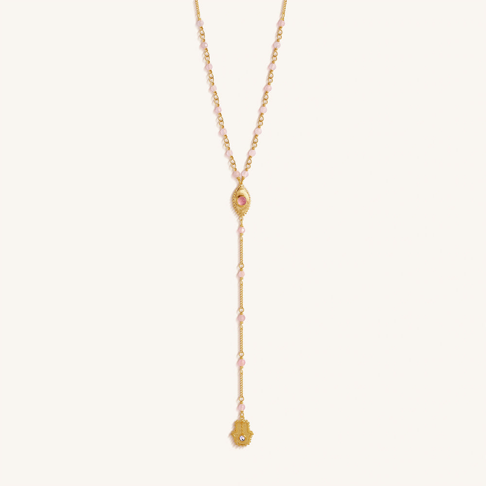 Karma and Luck Heart of Serenity Rose Quartz Evil Eye Hamsa Lariat Necklace - $99.00 at West Path 