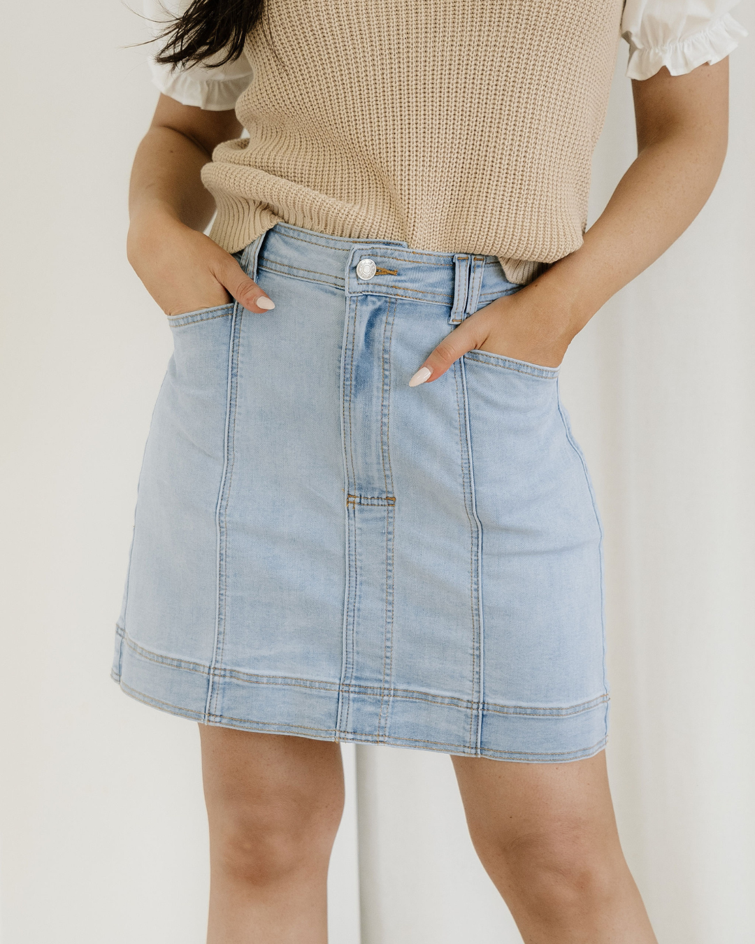 Indie & Co. Juliet Exposed Seam Detail A-line Denim Mini Skirt with Pockets - $58.00 at West Path 