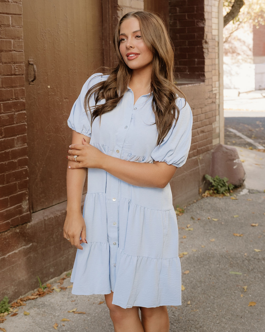 Indie & Co. Mimi Button Up Short Puff Sleeve Tiered Shift Dress - $56.00 at West Path 