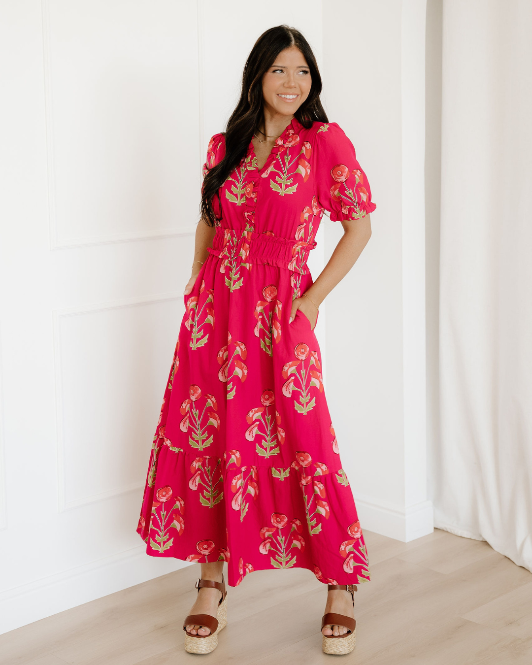 Indie & Co. Neve Red Floral Maxi Dress | Ruffle V Neck Dress - $78.00 at West Path 