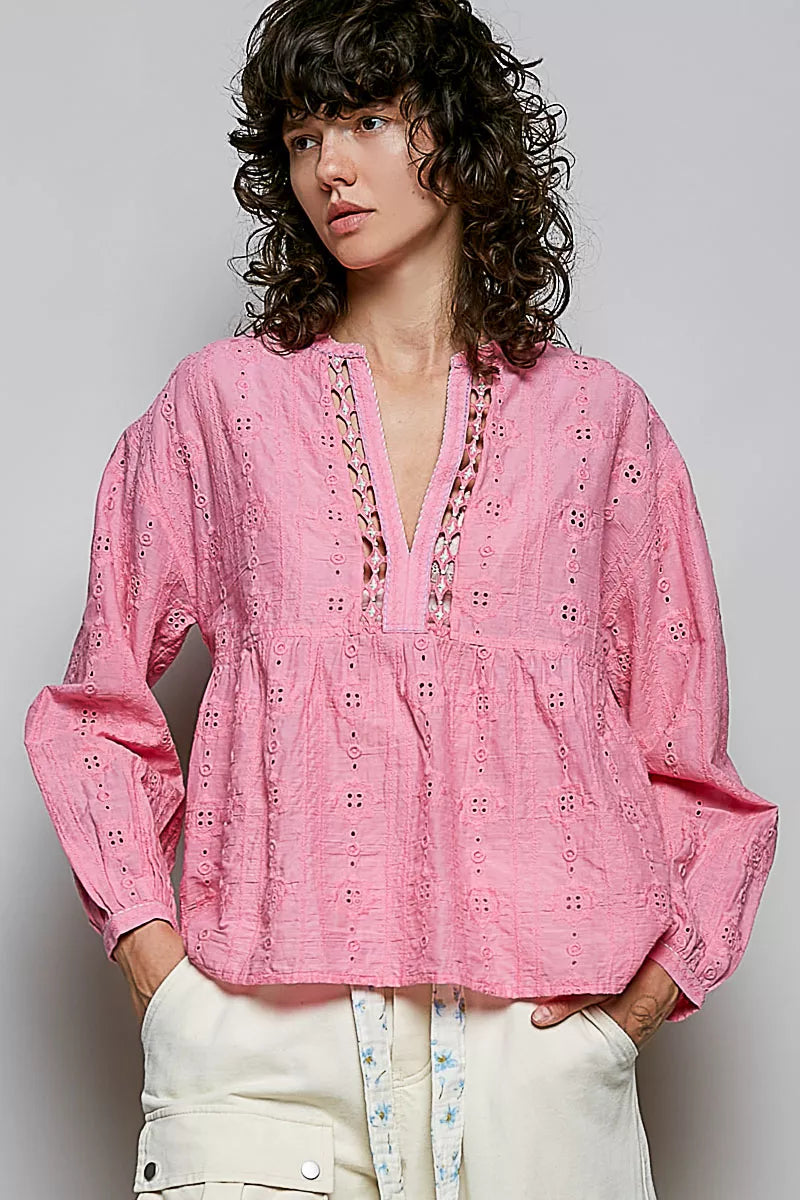 MPL POL Eyelet Lace Split Neck Gathered Empire Waist Cotton Blouse - $74.00 at West Path 