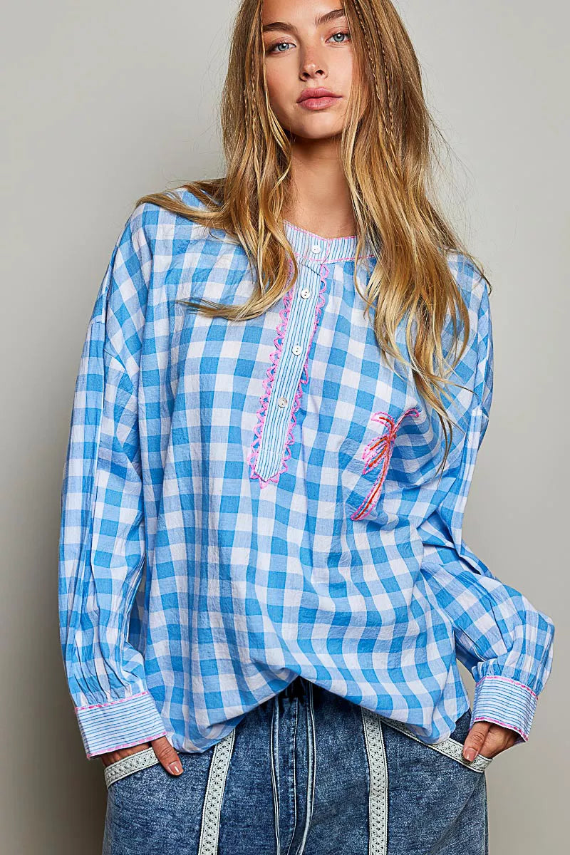 MPL POL Gingham Embroidered Palm Tree Blouse - $56.00 at West Path 