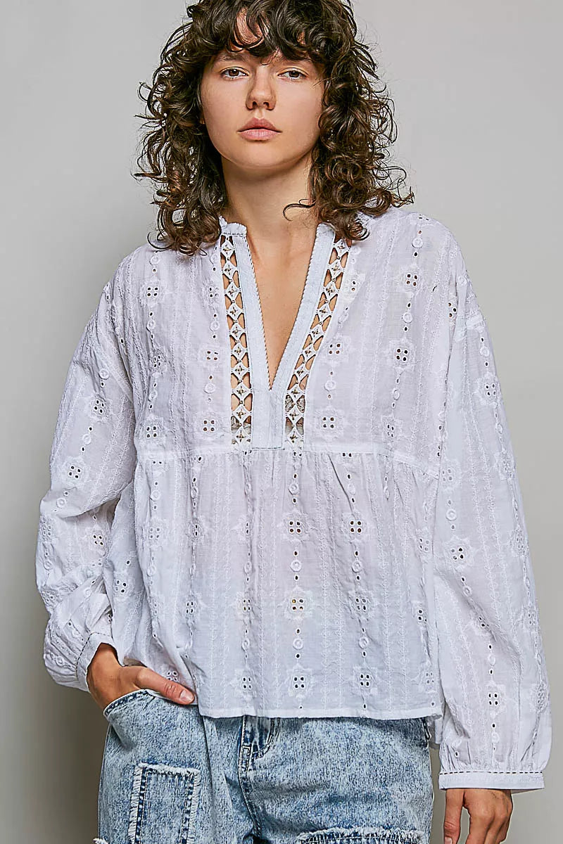 MPL POL Lace Eyelet Long Sleeve Cotton Blouse - $74.00 at West Path 