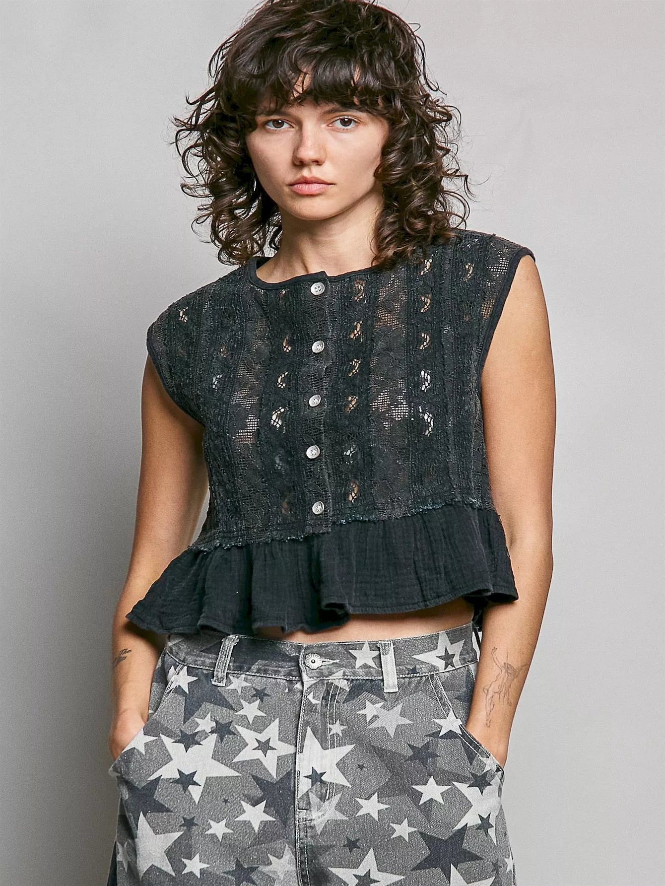 MPL POL Round Neck Lace Sleeveless Top with Double Gauze Ruffle - $72.00 at West Path 