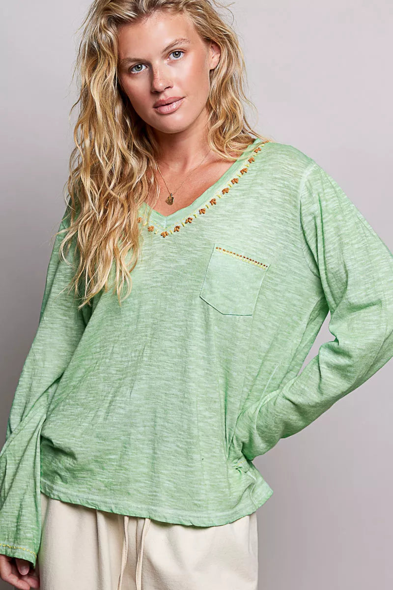 MPL POL V-Neck Contrast Stitch Lightweight Knit Long Sleeve Top - $48.00 at West Path 