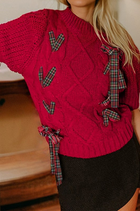 MPL Red Plaid Lace-Up Puff Sleeve Sweater - $55.00 at West Path 