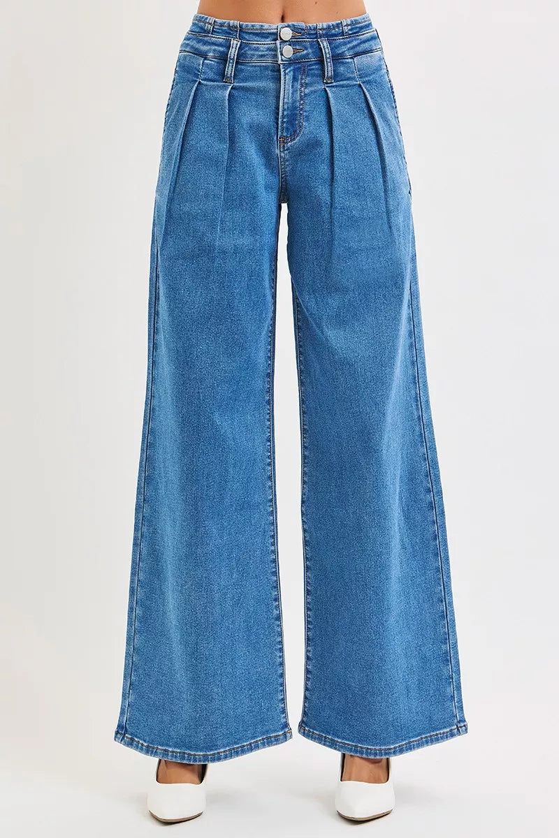 MPL RISEN Full Size Mid Rise Fit Wide Leg with Pleated Detail Jeans Plus Size - $73.00 at West Path 