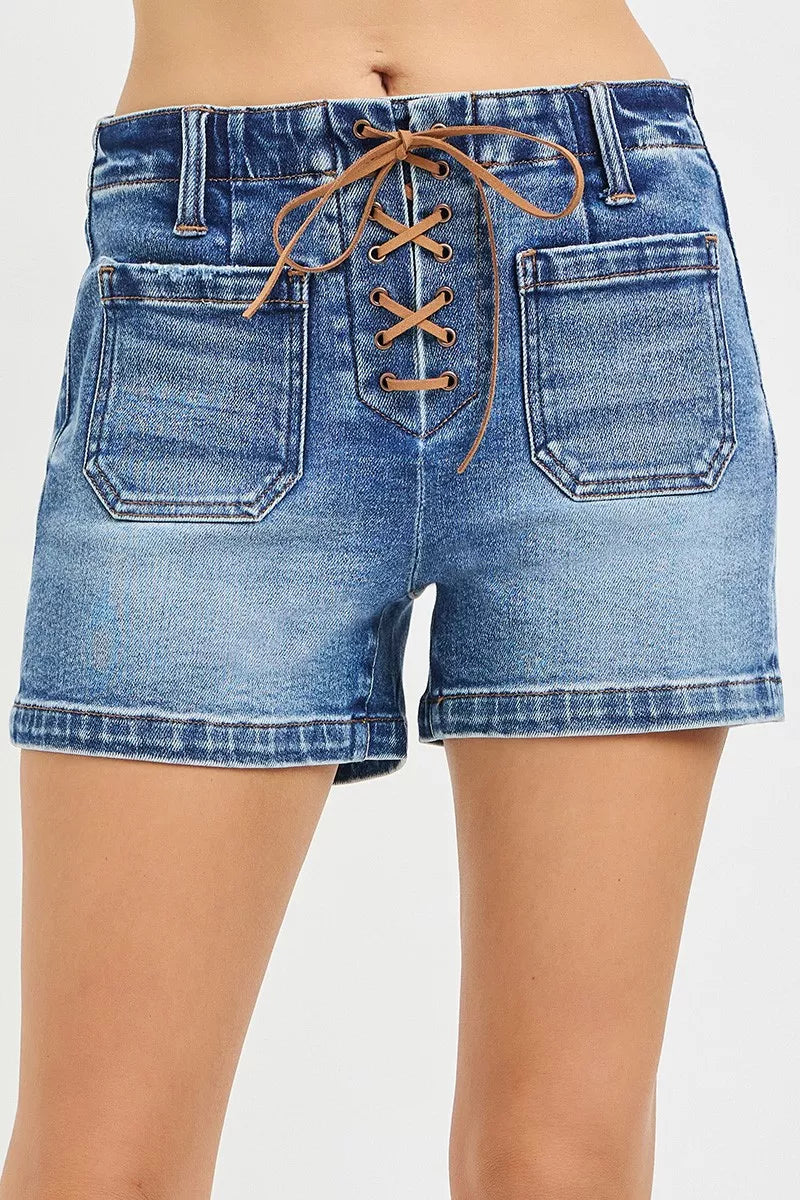 MPL RISEN High Rise Front Tie Up Shorts with Patch Pockets - $63.00 at West Path 