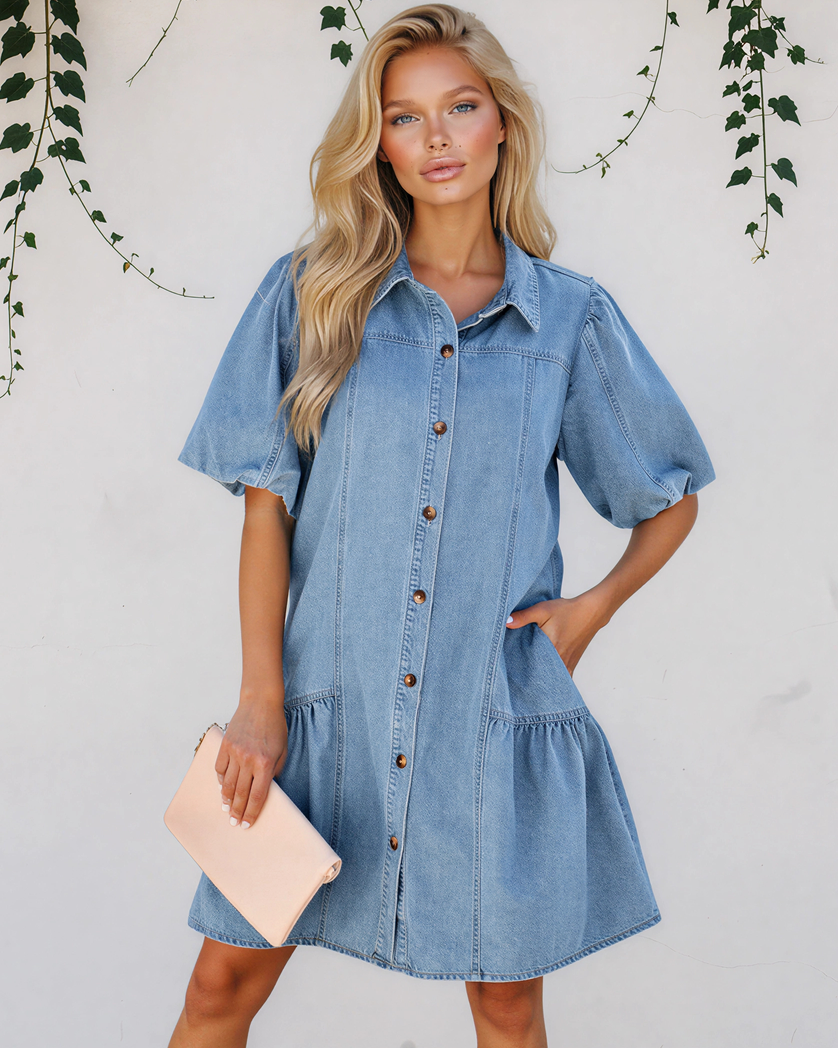 Indie & Co. Rowen Puff Sleeve Ruffle Hem Patchwork Denim Dress - $86.00 at West Path 