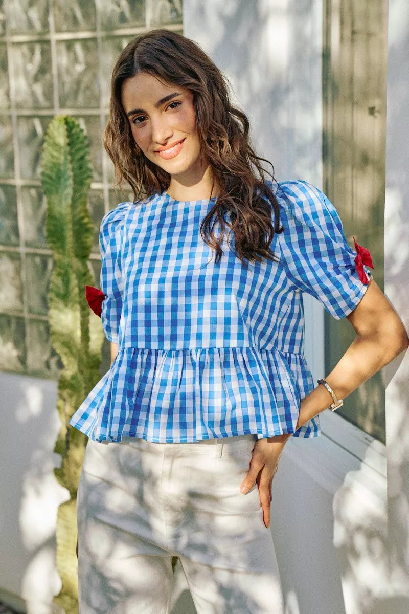 MPL SO ME 4th Of July Gingham Ribbon Detail Short Sleeves Blouse - $50.00 at West Path 