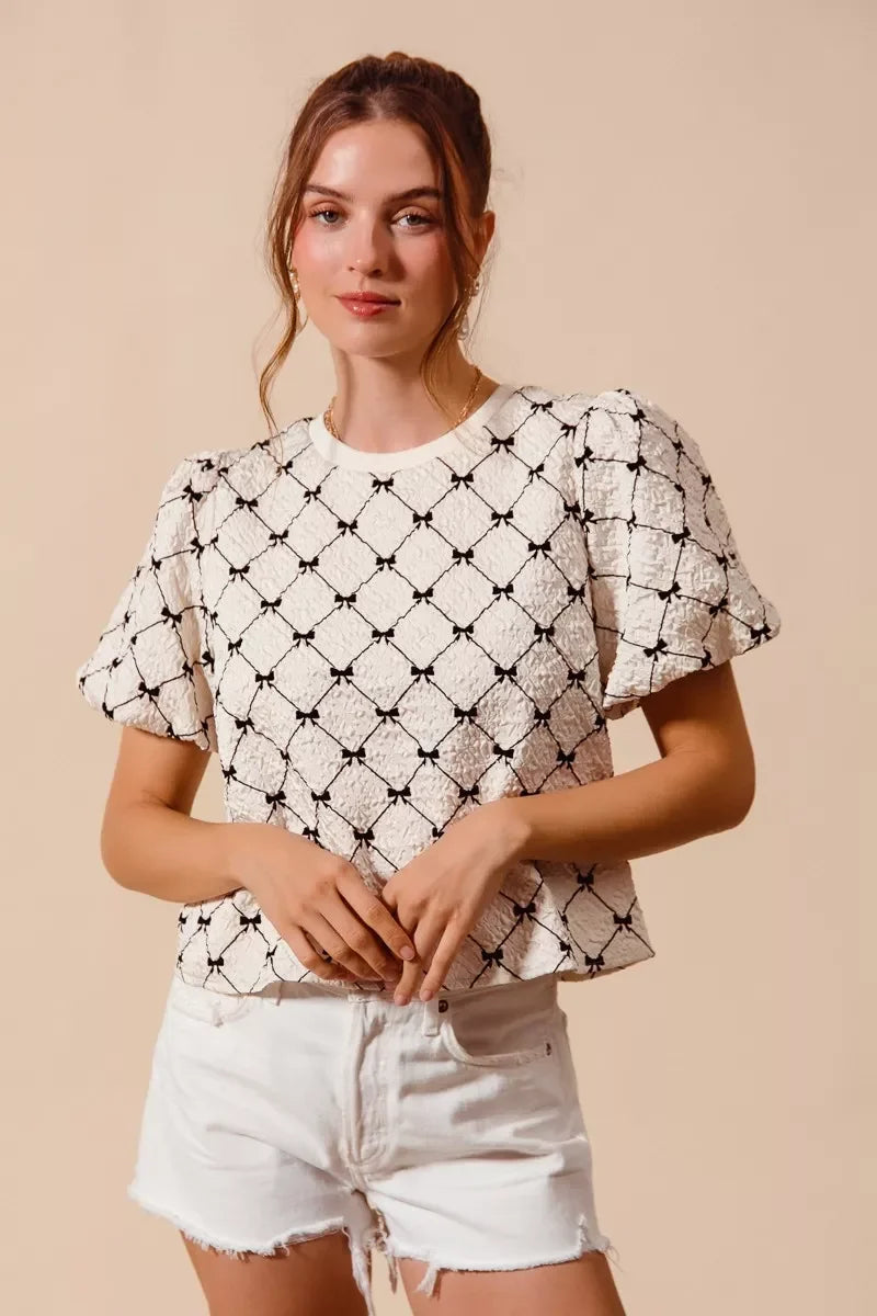 MPL SO ME Bow Texture Woven Bubble Sleeve Top - $50.00 at West Path 