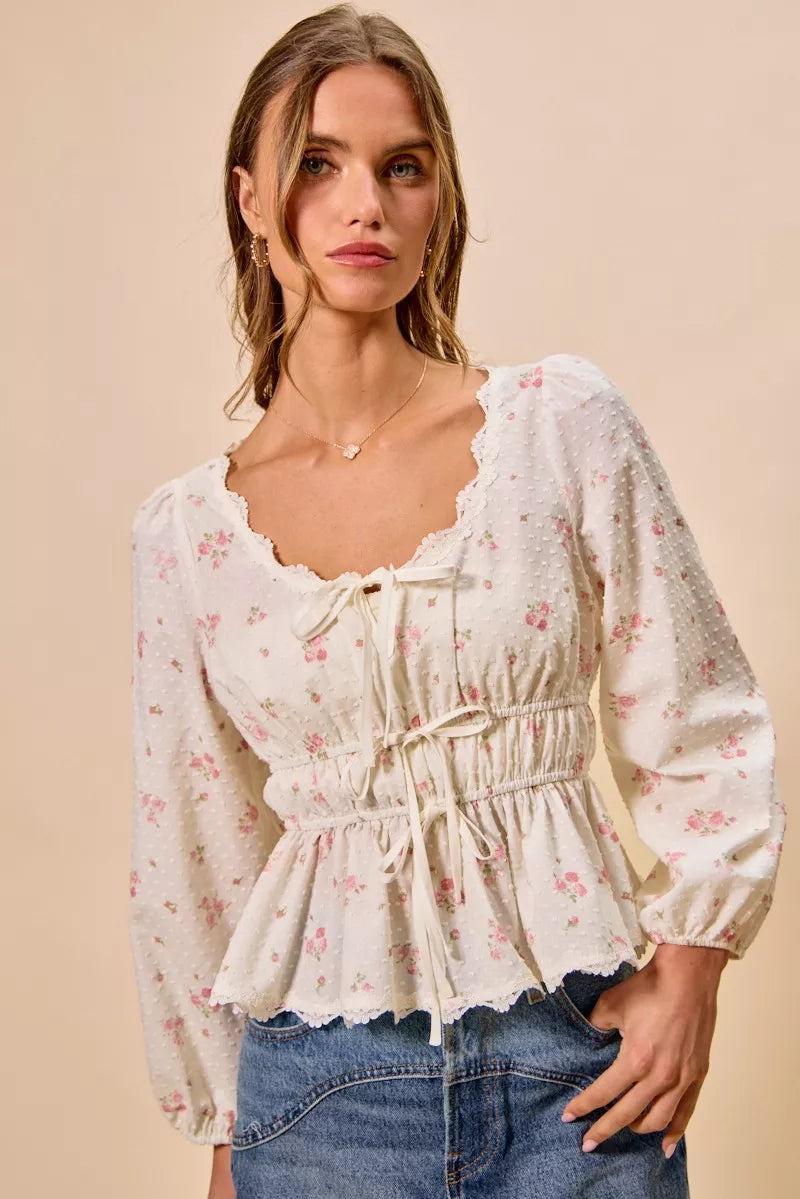 MPL SO ME Floral Clip Dot Lace Trim Ruched Bodice Blouse - $54.00 at West Path 
