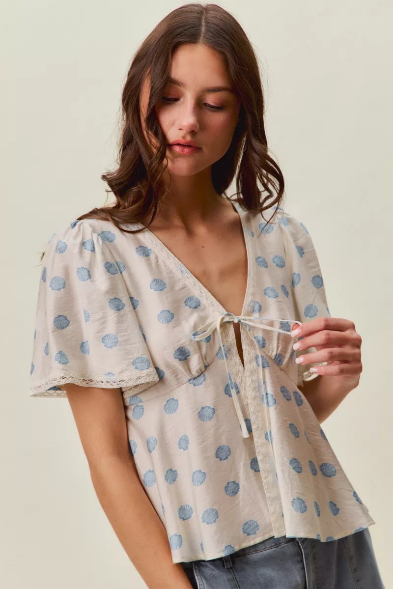 MPL SO ME Shell Print Tie Front Flutter Sleeves Blouse Top - $49.00 at West Path 