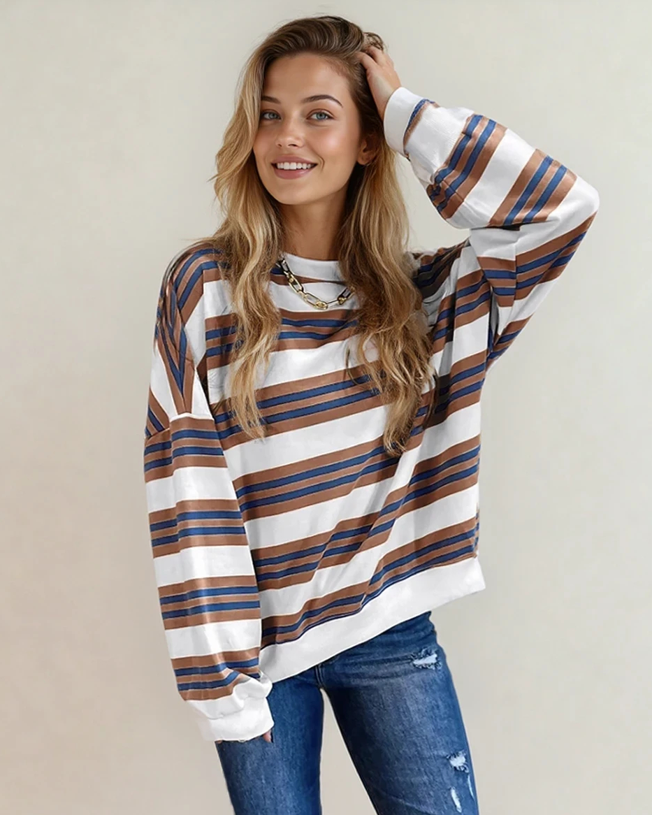 Indie & Co. Sophie Stripe Crew Neck Drop Shoulder Pullover Sweatshirt - $42.00 at West Path 