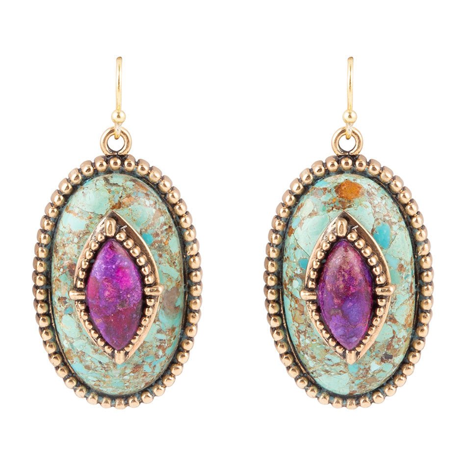 Barse Jewelry Stacked Stone Blue and Purple Turquoise Golden Drop Earrings - $148.00 at West Path 