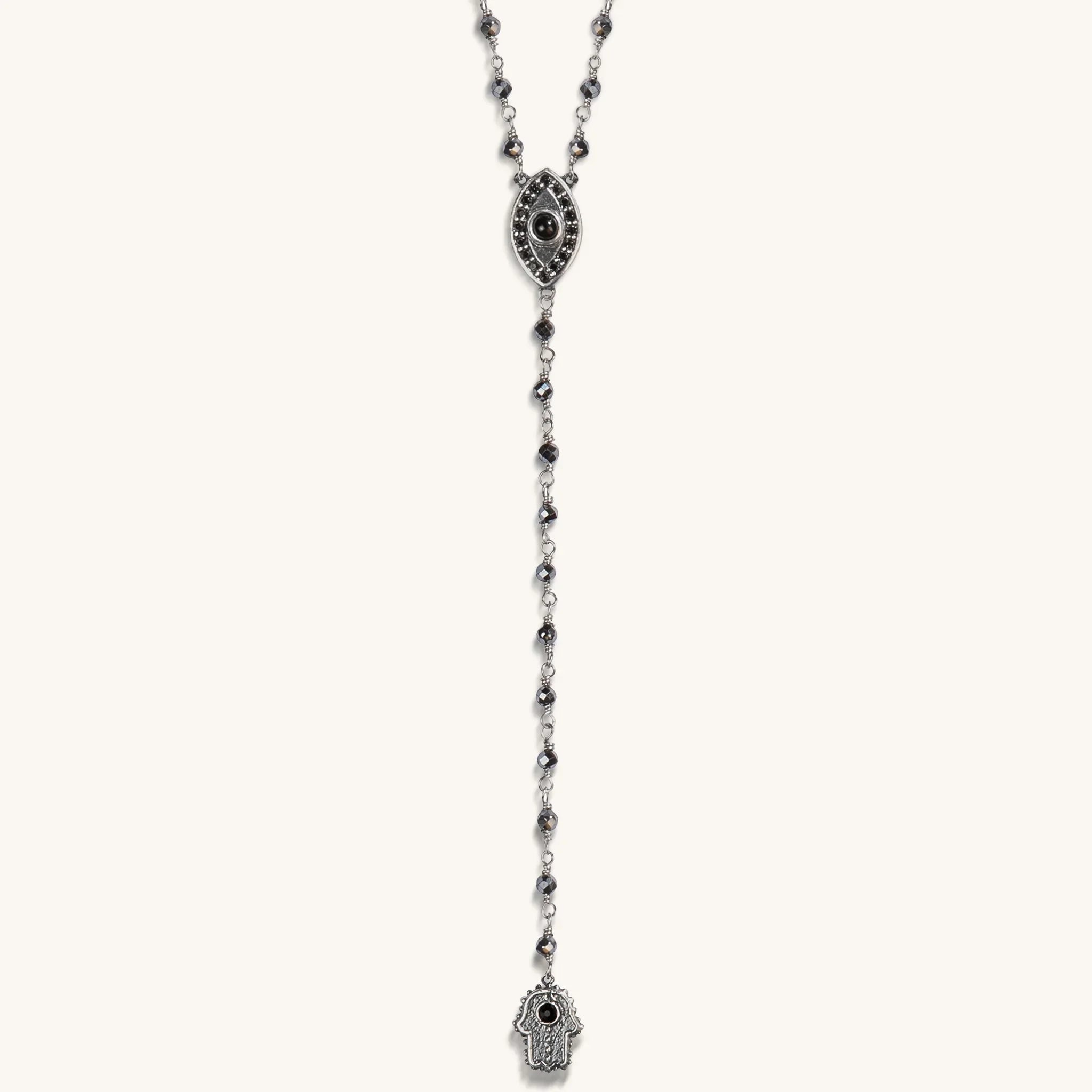 Karma and Luck Stand in Strength Rosary Hematite Stone Necklace - $149.00 at West Path 