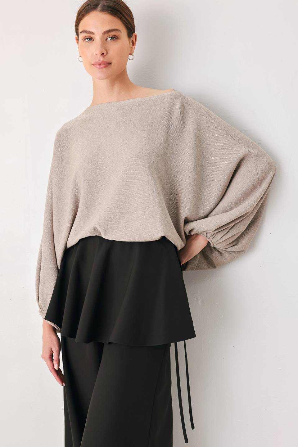 Flying Tomato TAUPE SHIMMER METALLIC TAUPE BATWING SWEATER TOP - $68.00 at West Path 