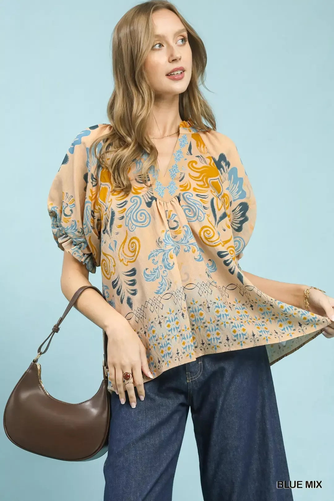 MPL Umgee Border Print Puff Sleeve V-Neck Blouse - $55.00 at West Path 